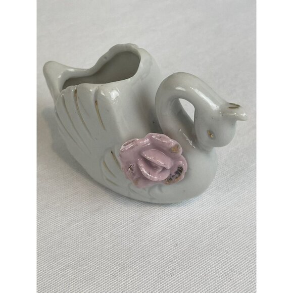 Vintage Mini White Swan Ceramic Planter Trinket Dish Pink Ceramic Roses Japan 2" - Picture 8 of 11